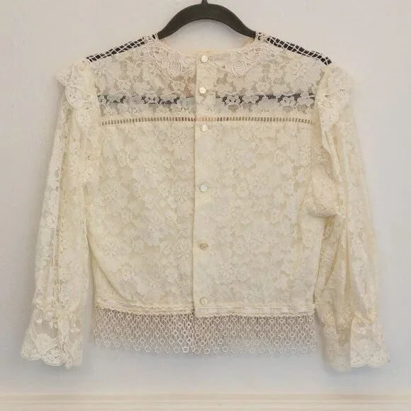 Vintage Ivory Lace Top Sheer Long Sleeve Victorian Style Blouse Boho Chic - Picture 2 of 7